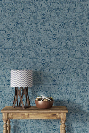 Mushroom Garden Wallpaper (Warm Blue) | Harper & Blake