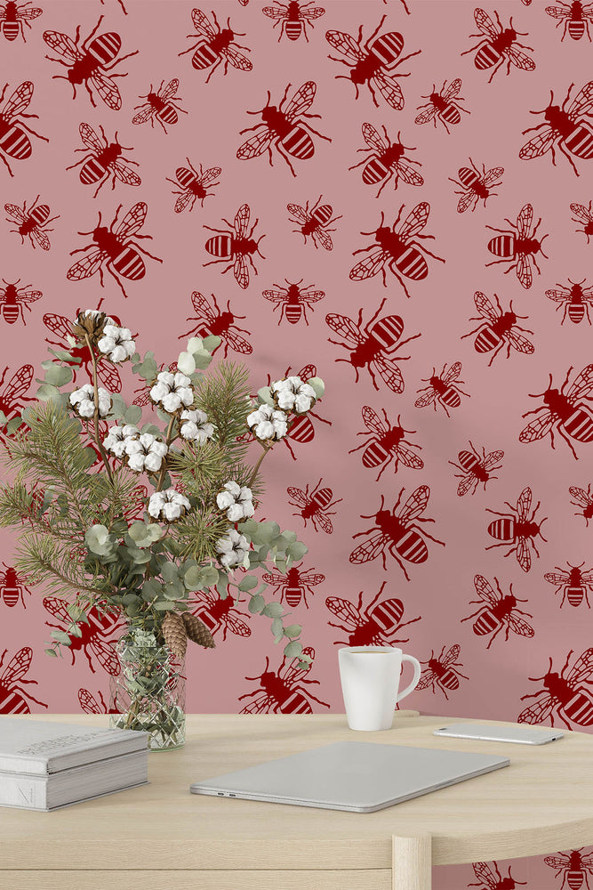 Bee Print Wallpaper (Blush Pink)