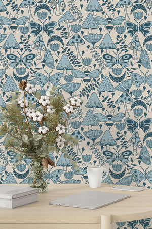 Mushroom Garden Wallpaper (Blue Rise) | Harper & Blake