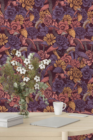Mushroom Flowers Wallpaper (Burnt Purple) | Harper & Blake