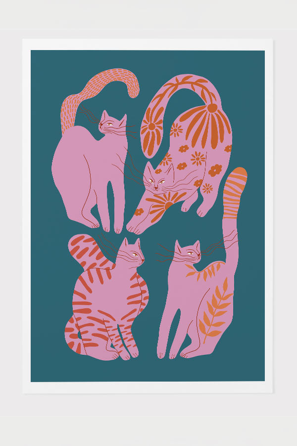 Abstract Floral Cats Art Print Poster (Teal) | Harper & Blake