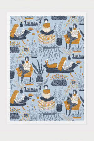 Cozy Reading by Denes Anna Design Giclée Art Print Poster (Blue) | Harper & Blake