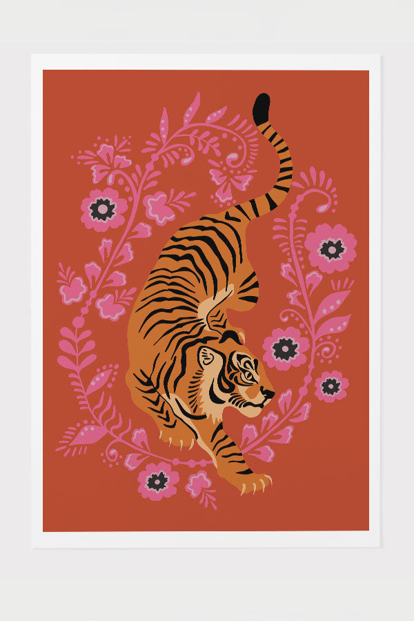 Floral Tiger Art Print Poster (Orange Pink) | Harper & Blake