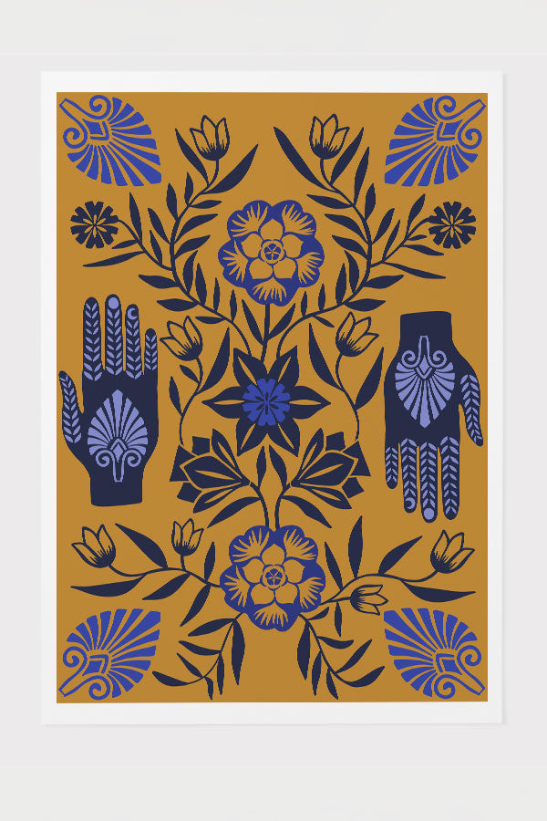 
            
                Load image into Gallery viewer, Flower Hands Giclée Art Print Poster Mustard Blue | Harper &amp;amp; Blake
            
        
