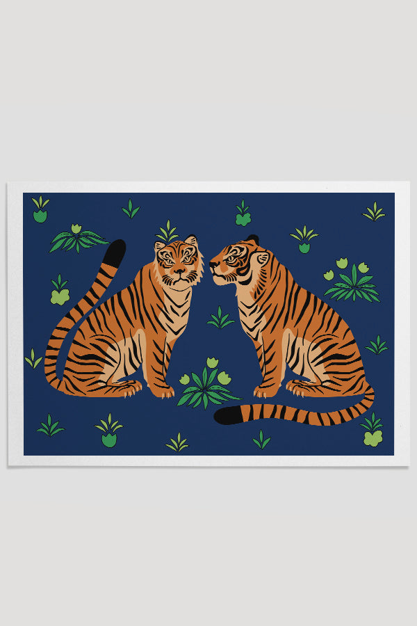 Two Floral Tigers Giclée Art Print Poster (Deep Blue) | Harper & Blake