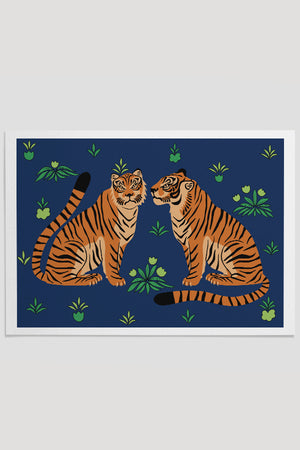 Two Floral Tigers Giclée Art Print Poster (Deep Blue) | Harper & Blake