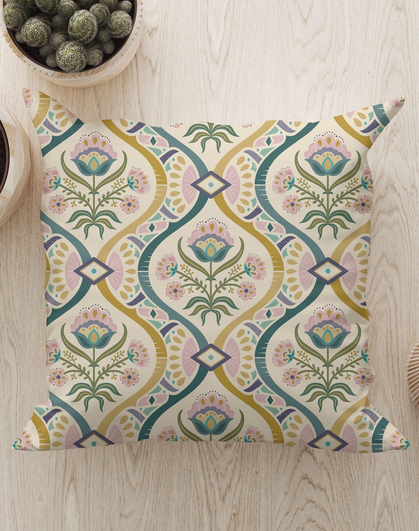 Chic Vintage Damask by Misentangledvision Square Cushion (Beige) | Harper & Blake
