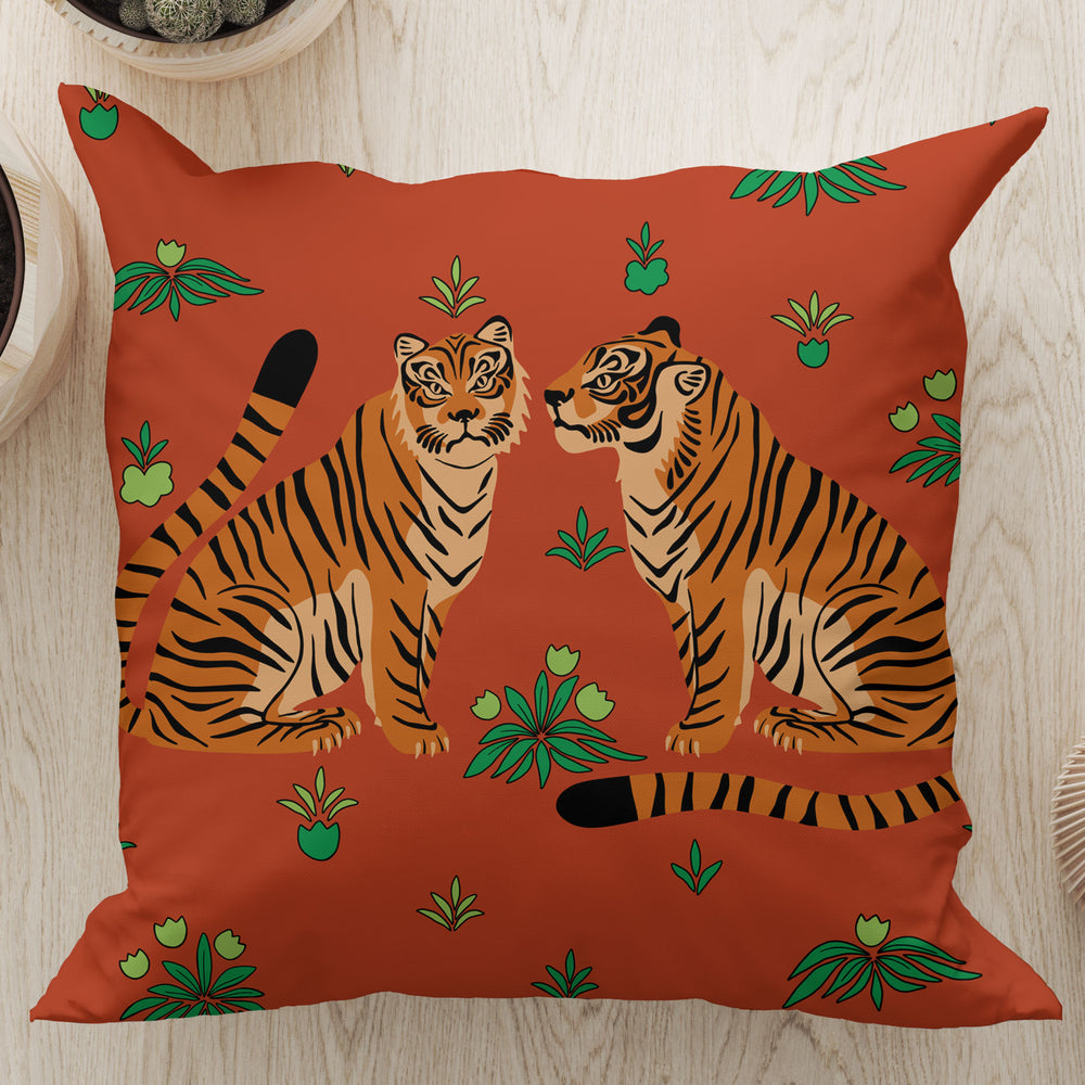 
                  
                    Two Floral Tigers Square Cushion (Red) | Harper & Blake
                  
                