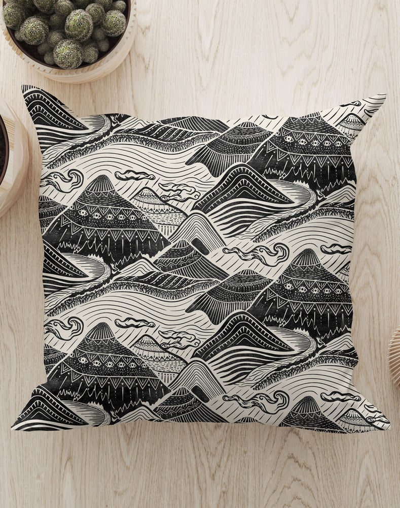 
            
                Load image into Gallery viewer, Mystical Mountains by Misentangledvision Square Cushion (Monochrome) | Harper &amp;amp; Blake
            
        