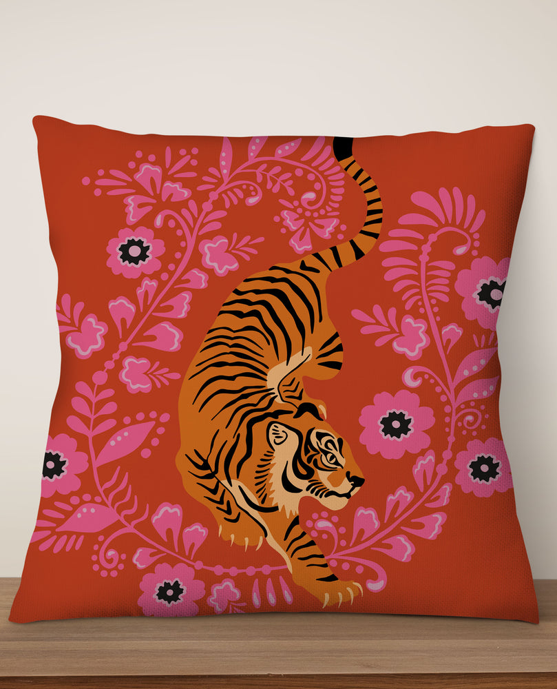 Floral Tiger Square Cushion (Orange Pink) | Harper & Blake