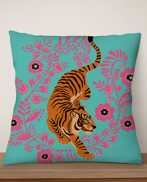Floral Tiger Square Cushion (Turquoise) | Harper & Blake