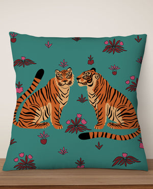 Two Floral Tigers Square Cushion (Turquoise) | Harper & Blake