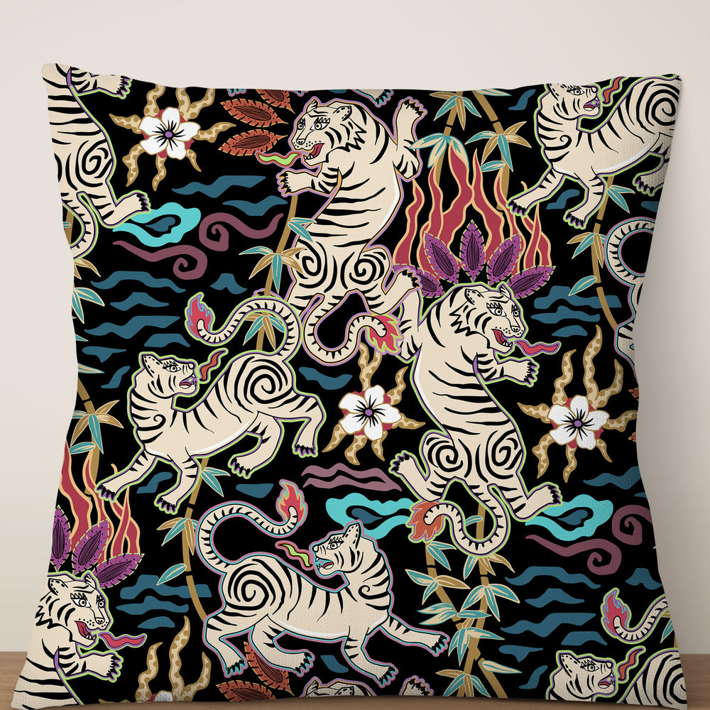
                  
                    Flaming Tigers by Misentangledvision Square Cushion (Black) | Harper & Blake
                  
                