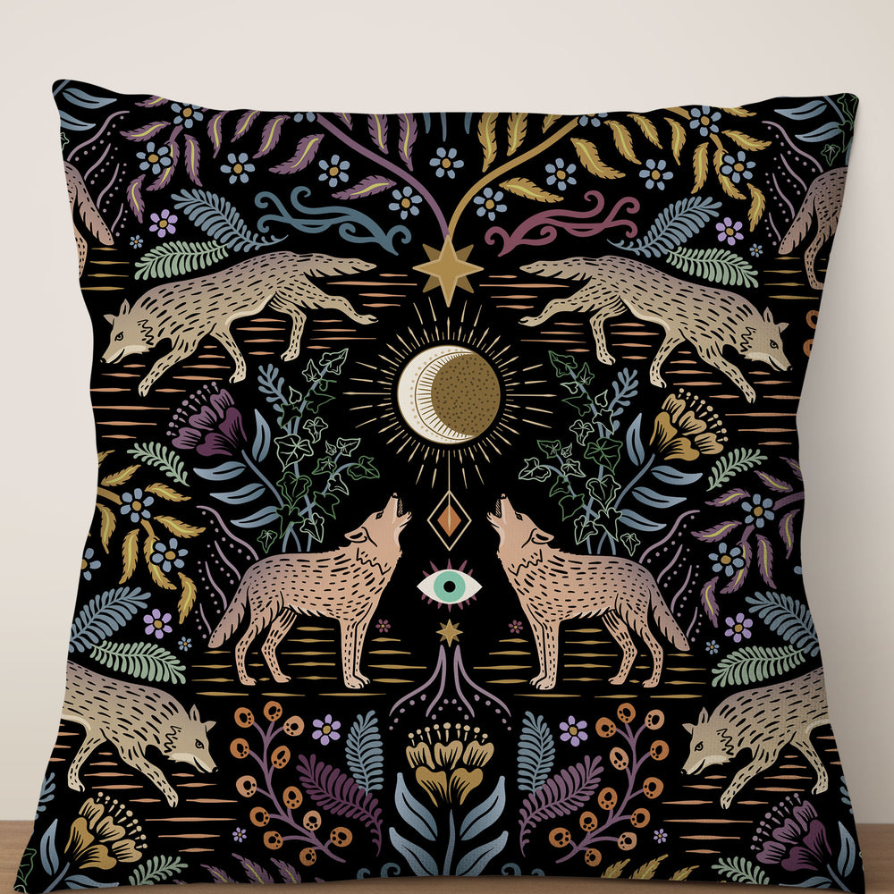 
                  
                    Mystical Grey Wolves by Misentangledvision Square Cushion (Black) | Harper & Blake
                  
                