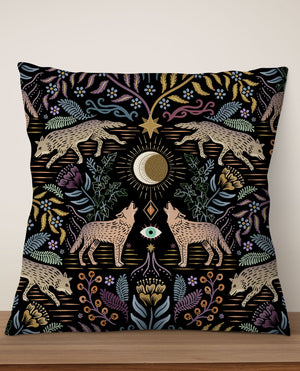 Mystical Grey Wolves by Misentangledvision Square Cushion (Black) | Harper & Blake