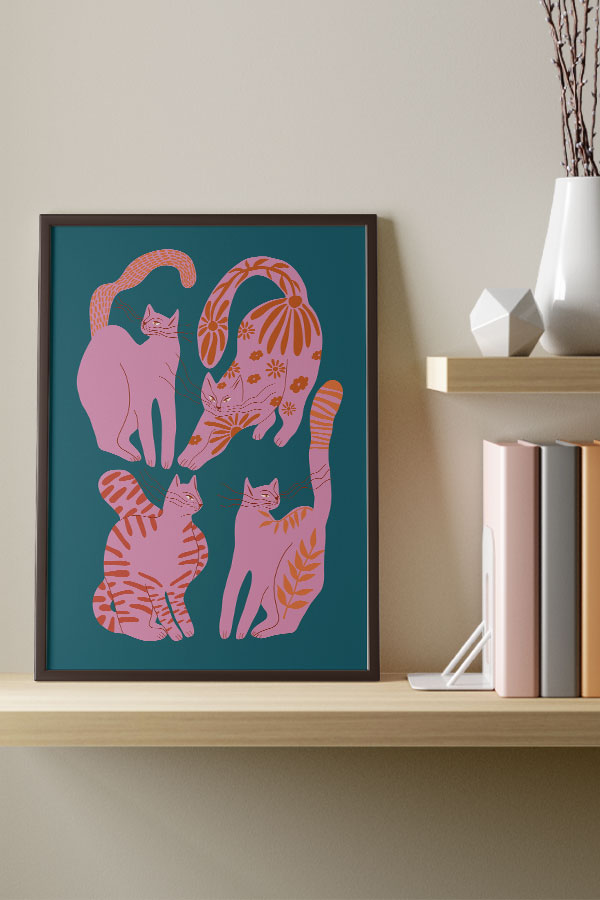 Abstract Floral Cats Giclée Art Print Poster (Teal)