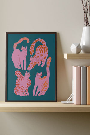 Abstract Floral Cats Art Print Poster (Teal) | Harper & Blake