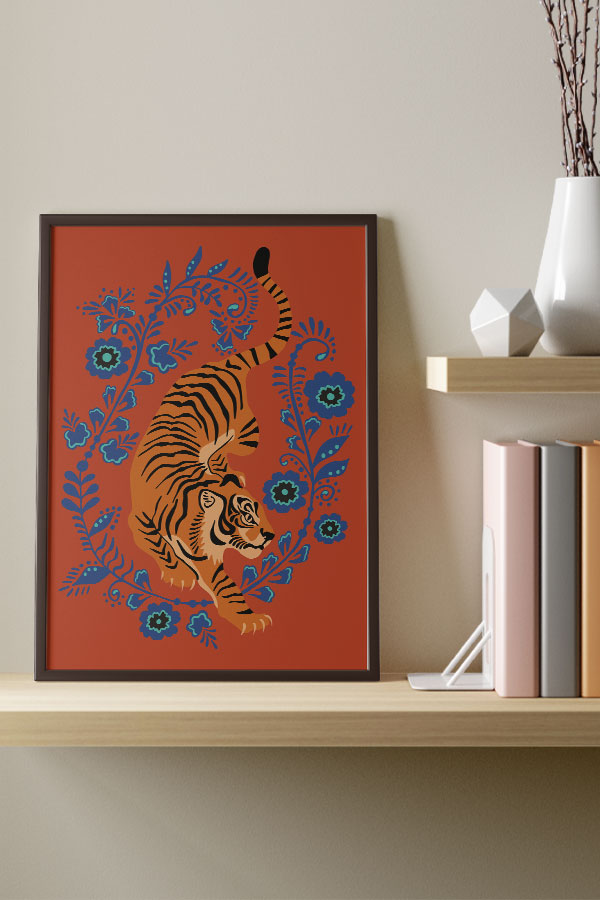 Floral Tiger Giclée Art Print Poster (Orange Blue)