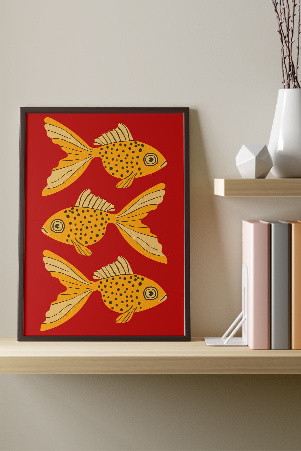 Bold Graphic Three Goldfish Art Print Poster (Red) | Harper & Blake